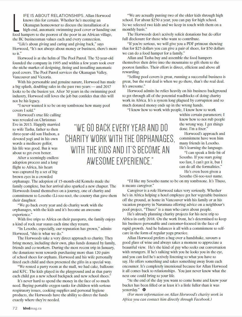 Allan Horwood article in the Boulevard Magazine